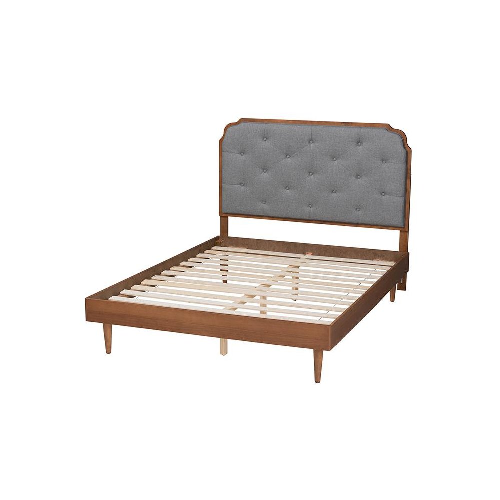 Grey Fabric and Walnut Brown Wood King Size Platform Bed. Picture 3
