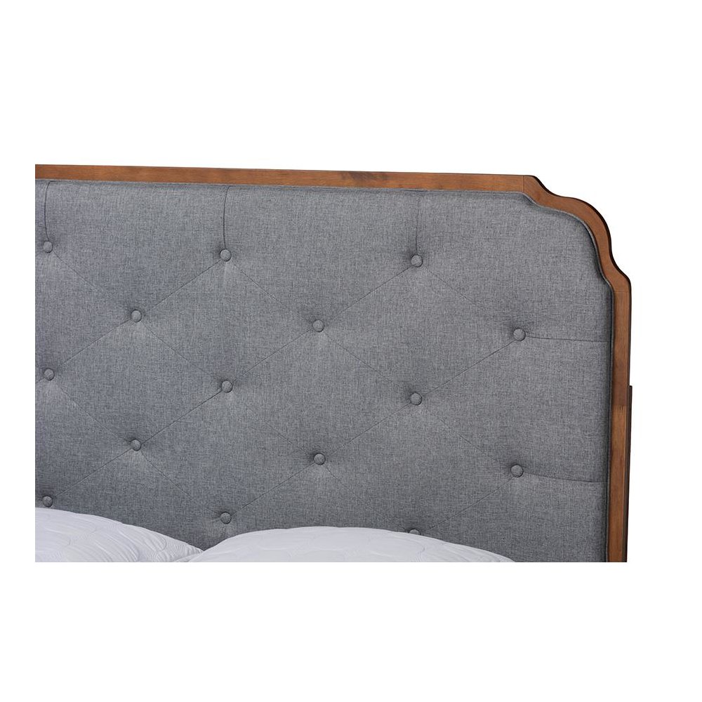 Grey Fabric and Walnut Brown Wood King Size Platform Bed. Picture 4
