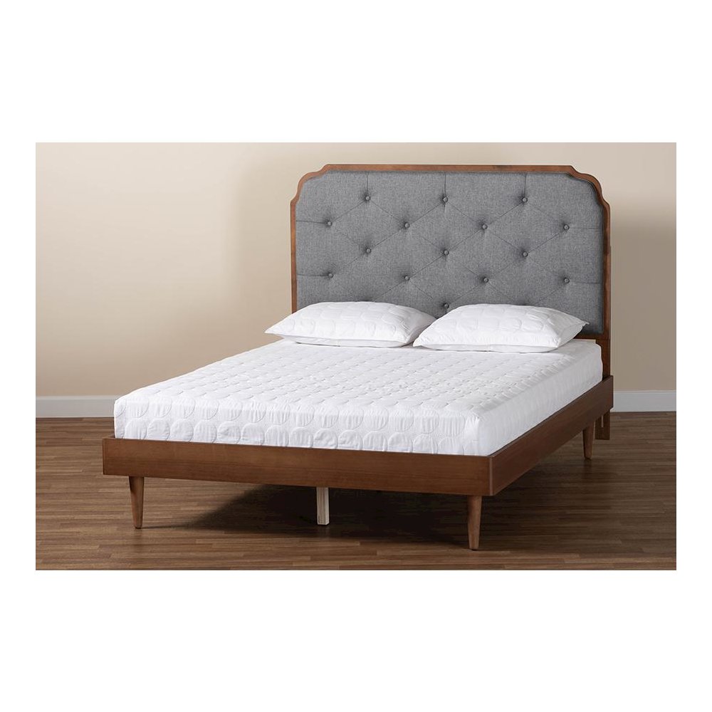 Grey Fabric and Walnut Brown Wood King Size Platform Bed. Picture 8
