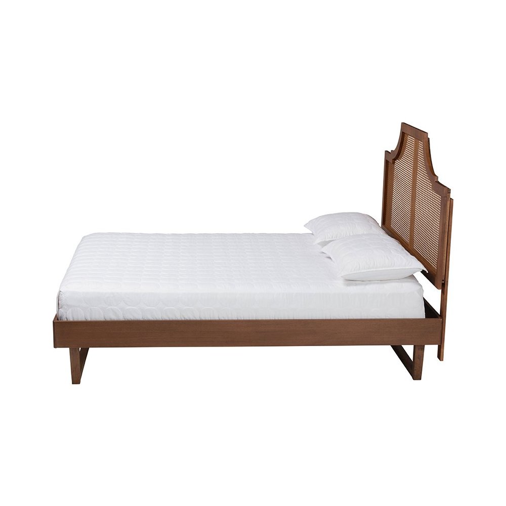Francine Mid-Century Modern Ash Walnut Woven Rattan King Size Bed. Picture 2