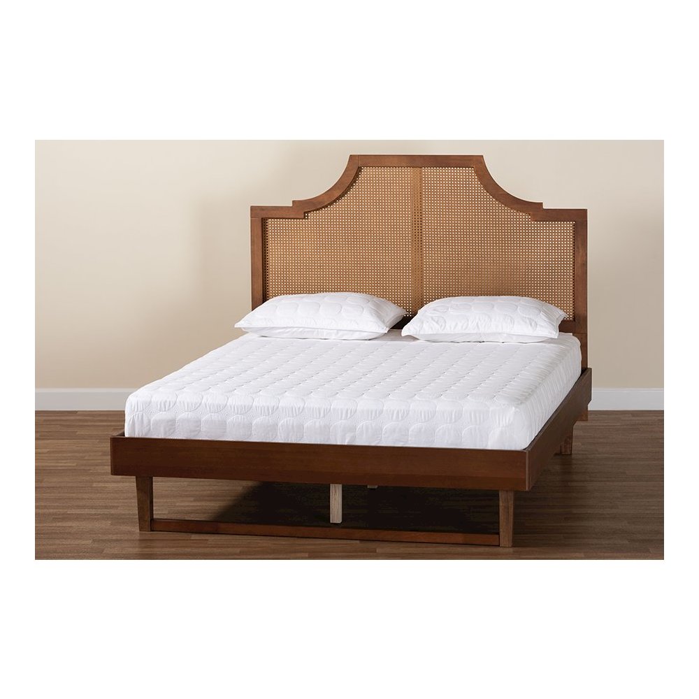 Francine Mid-Century Modern Ash Walnut Woven Rattan King Size Bed. Picture 8