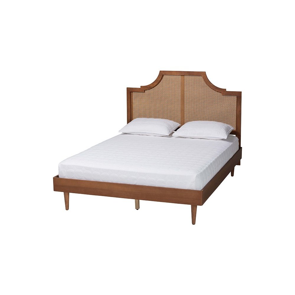 Macaria Mid-Century Modern Ash Walnut Woven Rattan King Size Bed. Picture 1