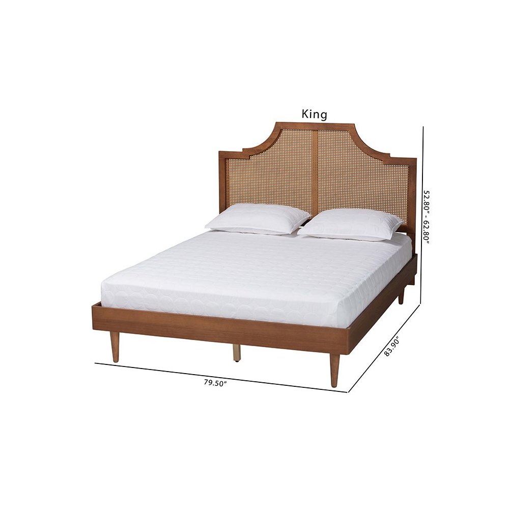 Macaria Mid-Century Modern Ash Walnut Woven Rattan King Size Bed. Picture 10