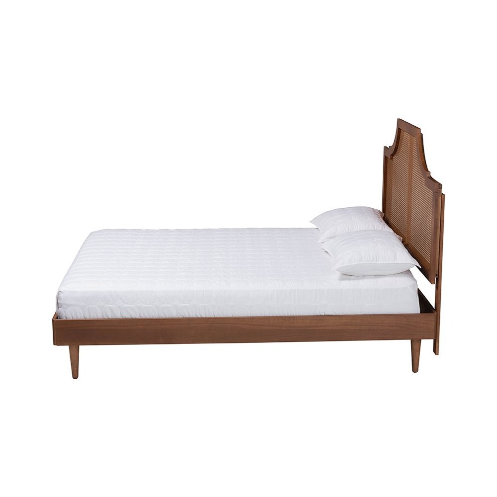 Macaria Mid-Century Modern Ash Walnut Woven Rattan King Size Bed. Picture 2