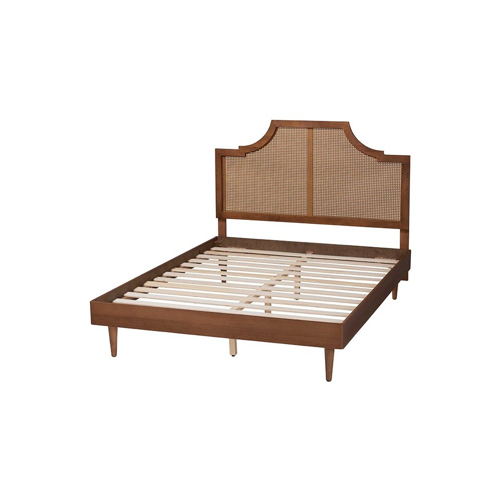 Macaria Mid-Century Modern Ash Walnut Woven Rattan King Size Bed. Picture 3