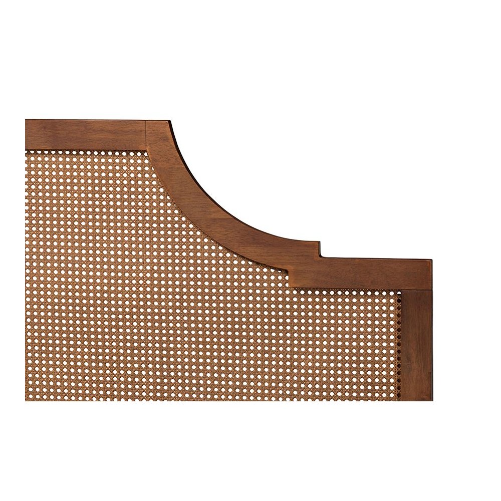 Macaria Mid-Century Modern Ash Walnut Woven Rattan King Size Bed. Picture 4