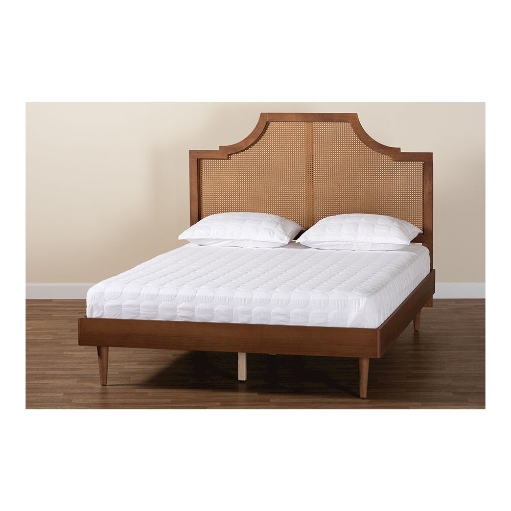 Macaria Mid-Century Modern Ash Walnut Woven Rattan King Size Bed. Picture 8