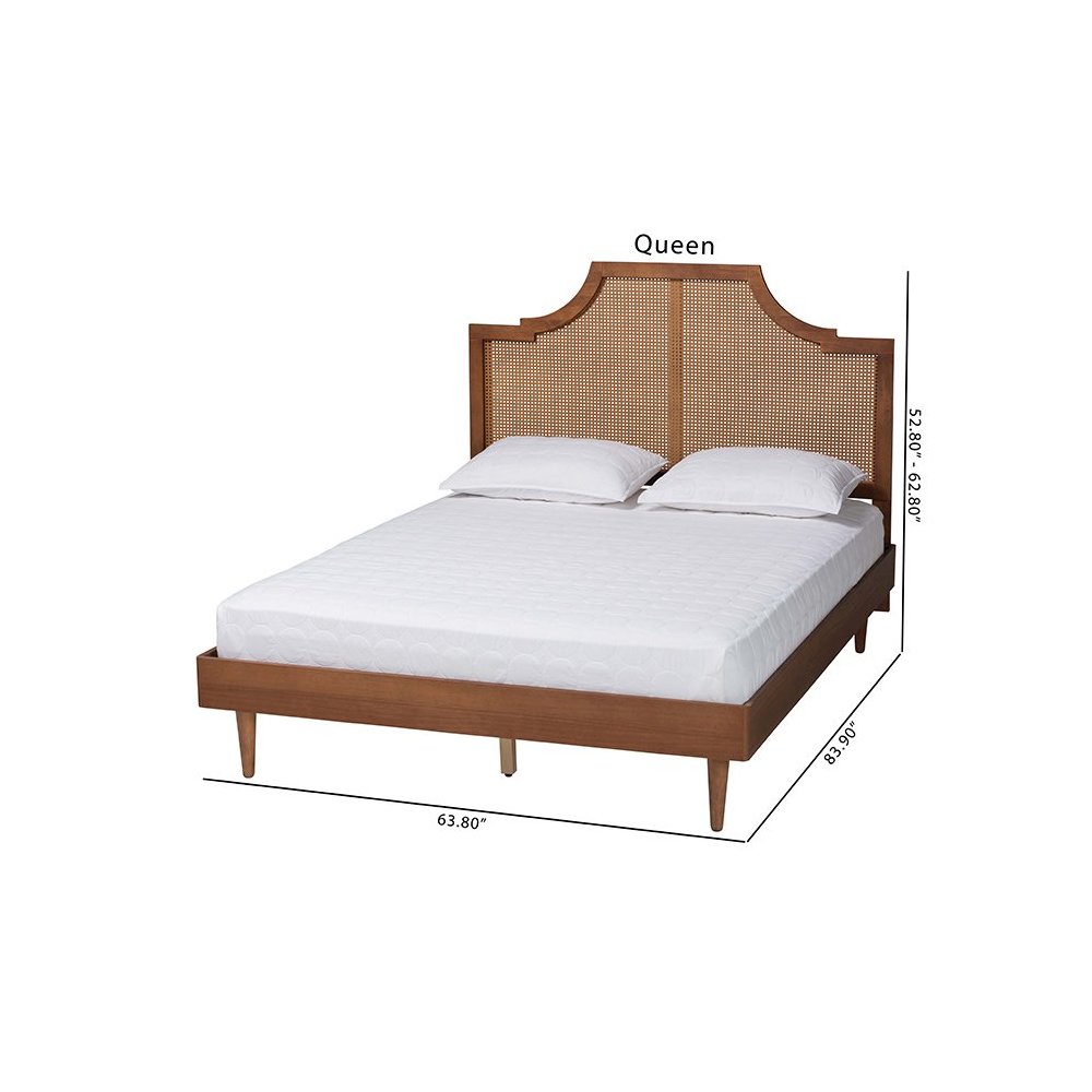 Macaria Mid-Century Modern Ash Walnut Woven Rattan King Size Bed. Picture 9