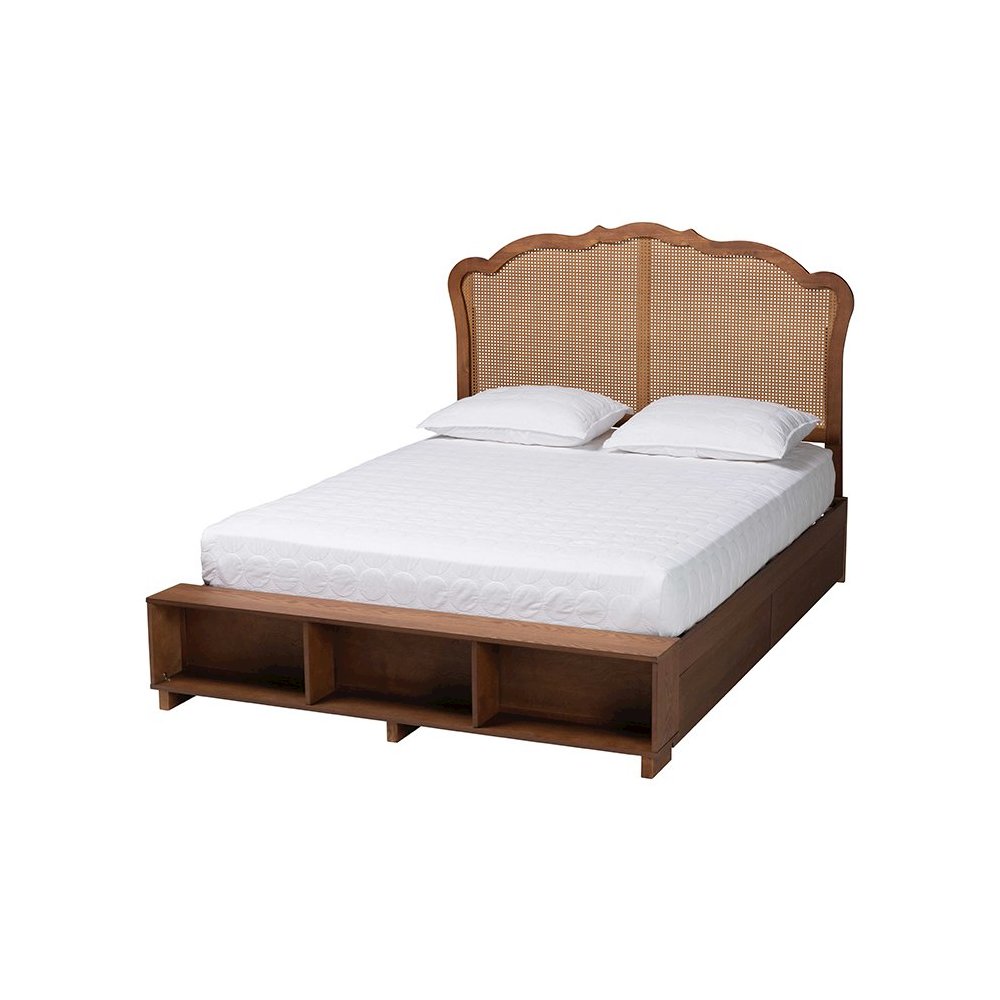 Latrell Mid-Century Walnut Brown Wood and Rattan King Size Storage Bed. Picture 1