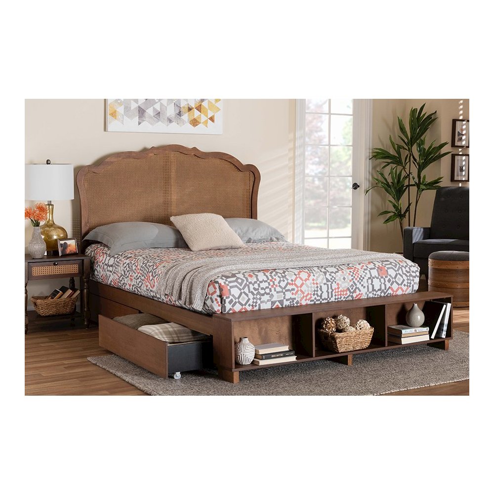 Latrell Mid-Century Walnut Brown Wood and Rattan King Size Storage Bed. Picture 11
