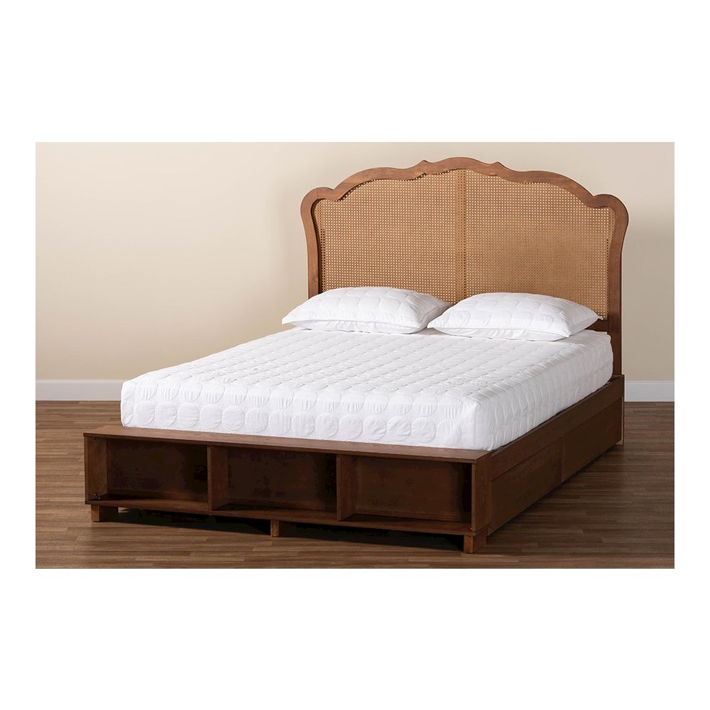 Latrell Mid-Century Walnut Brown Wood and Rattan King Size Storage Bed. Picture 12