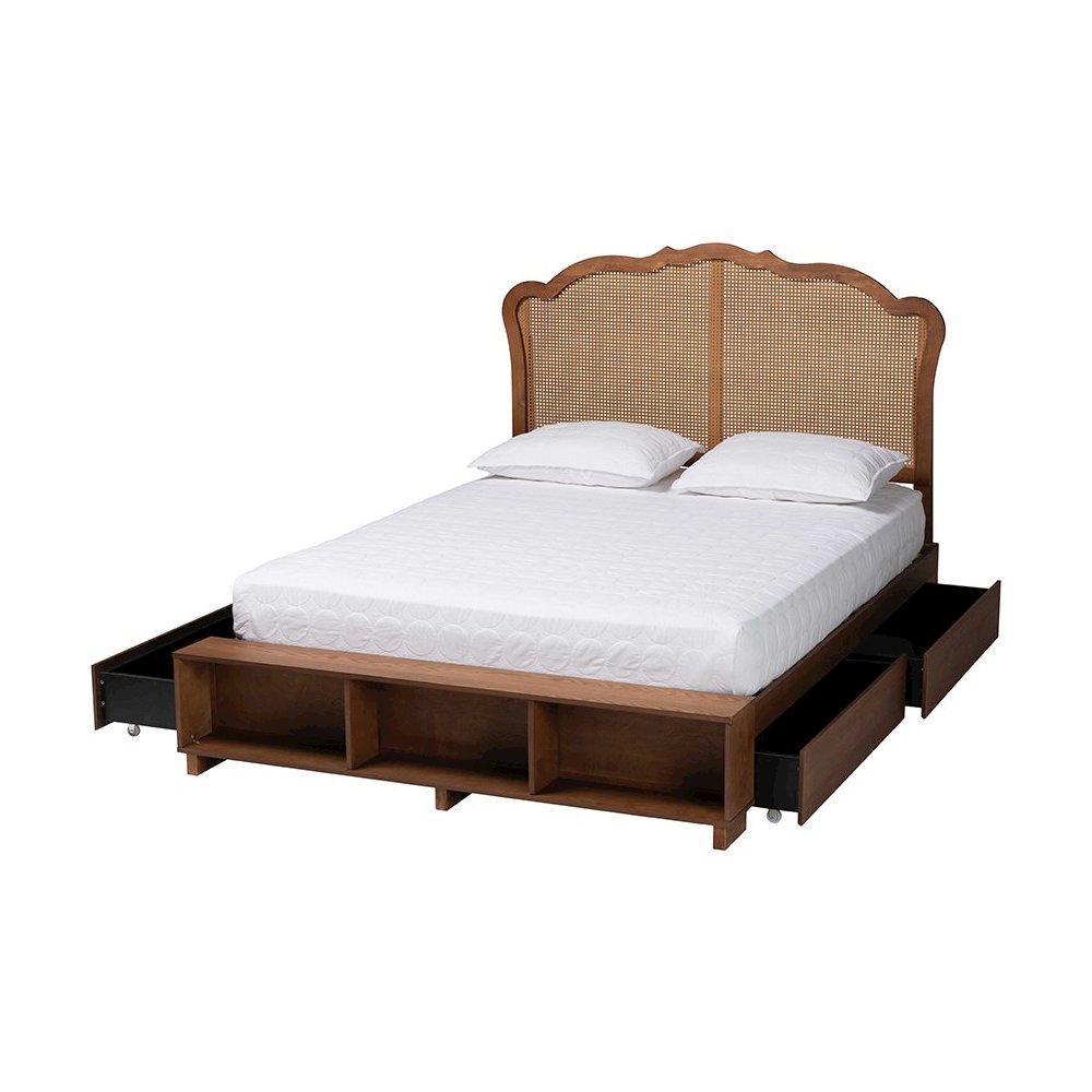 Latrell Mid-Century Walnut Brown Wood and Rattan King Size Storage Bed. Picture 2