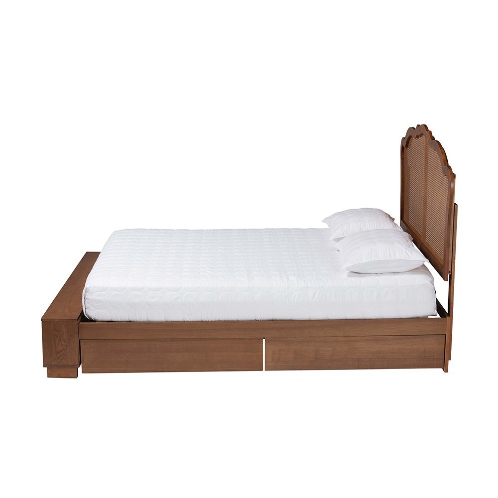 Latrell Mid-Century Walnut Brown Wood and Rattan King Size Storage Bed. Picture 3