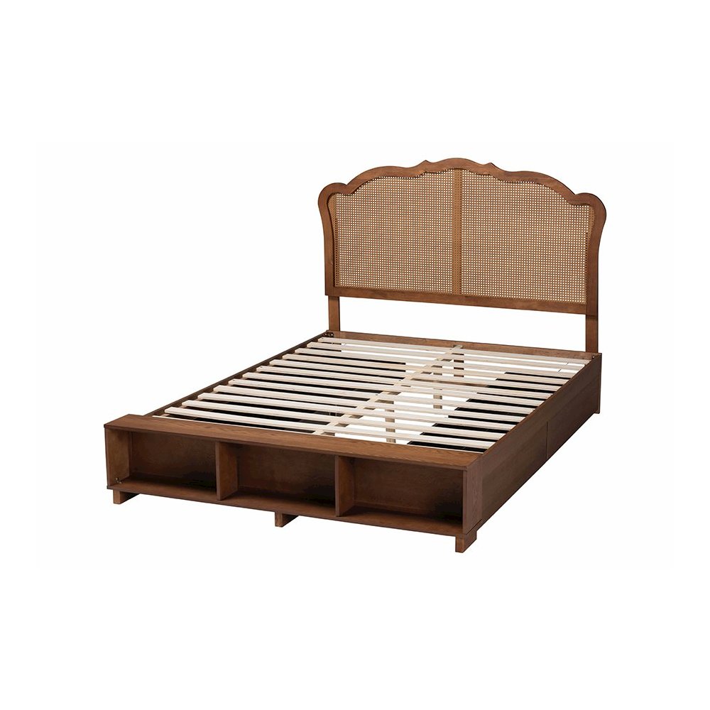 Latrell Mid-Century Walnut Brown Wood and Rattan King Size Storage Bed. Picture 4