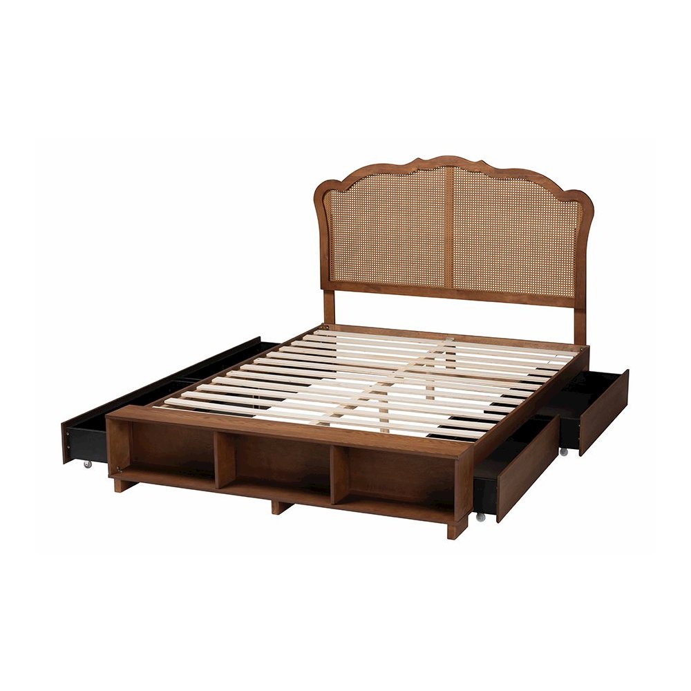 Latrell Mid-Century Walnut Brown Wood and Rattan King Size Storage Bed. Picture 5