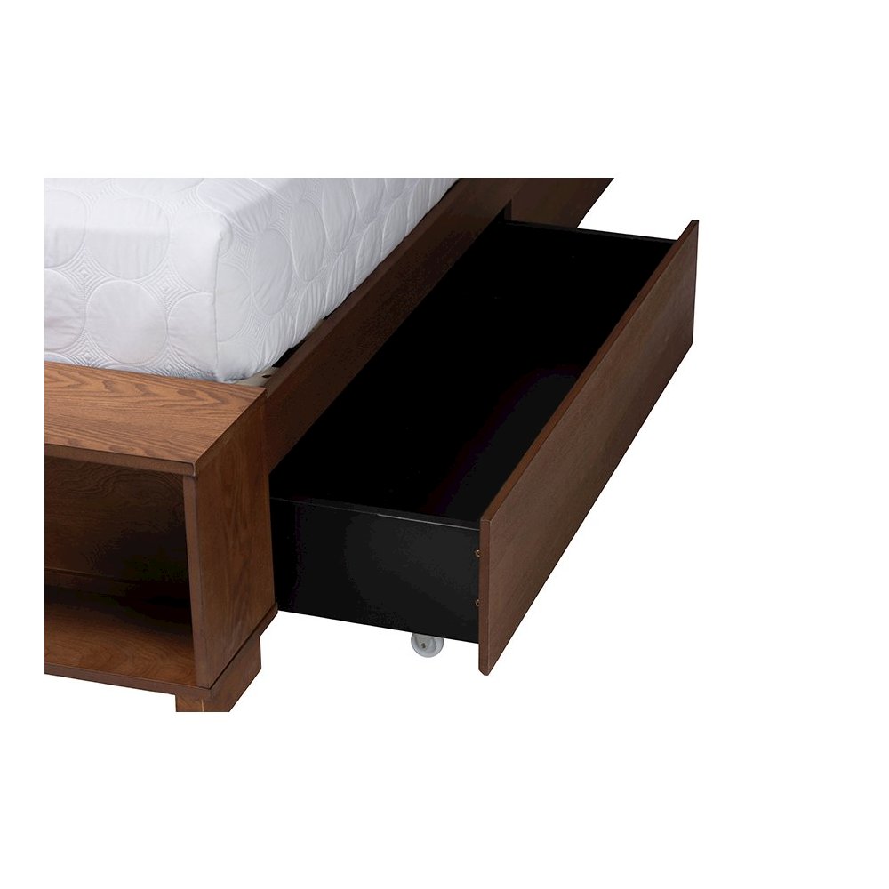 Latrell Mid-Century Walnut Brown Wood and Rattan King Size Storage Bed. Picture 7