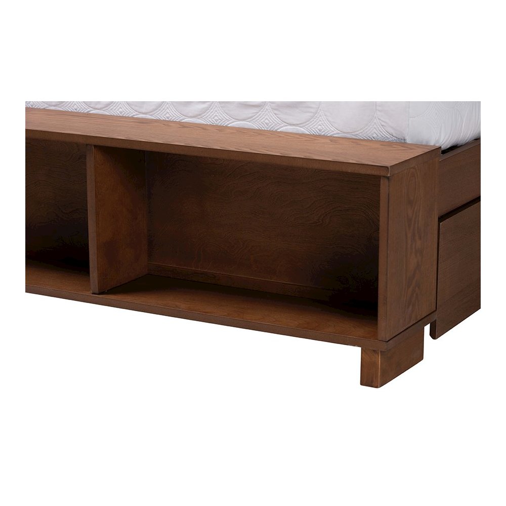 Latrell Mid-Century Walnut Brown Wood and Rattan King Size Storage Bed. Picture 8