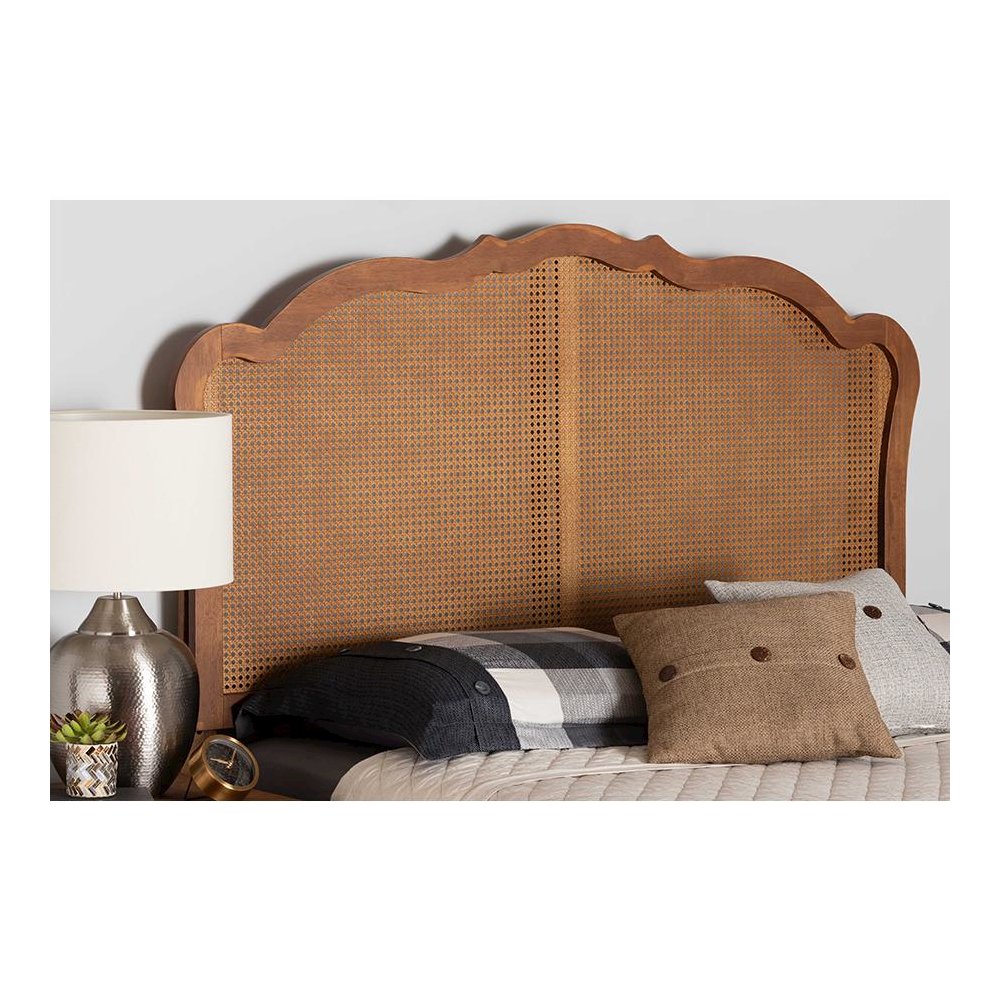 Traditional Ash Walnut Finished Wood King Size Headboard with Rattan. Picture 19