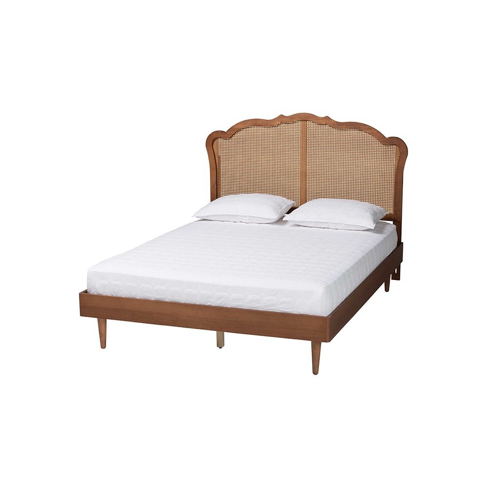Camden Mid-Century Walnut Brown Wood and Rattan King Size Platform Bed. Picture 1
