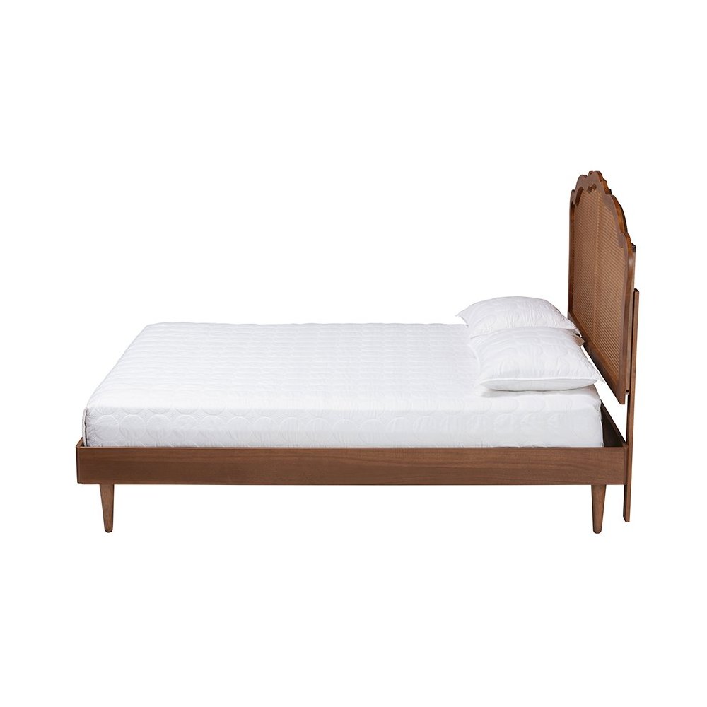 Camden Mid-Century Walnut Brown Wood and Rattan King Size Platform Bed. Picture 2