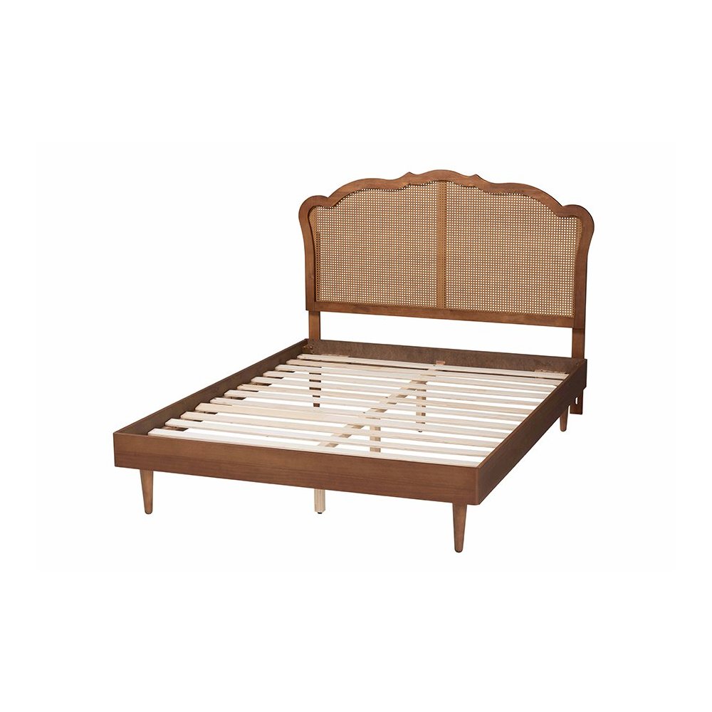 Camden Mid-Century Walnut Brown Wood and Rattan King Size Platform Bed. Picture 3