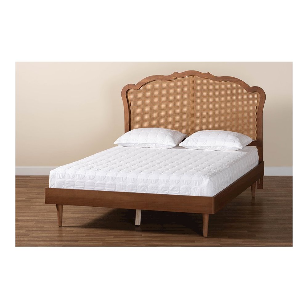 Camden Mid-Century Walnut Brown Wood and Rattan King Size Platform Bed. Picture 8
