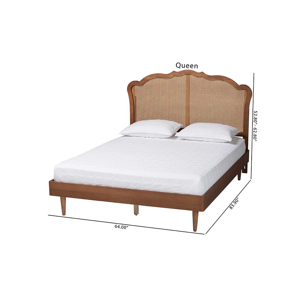 Camden Mid-Century Walnut Brown Wood and Rattan King Size Platform Bed. Picture 9
