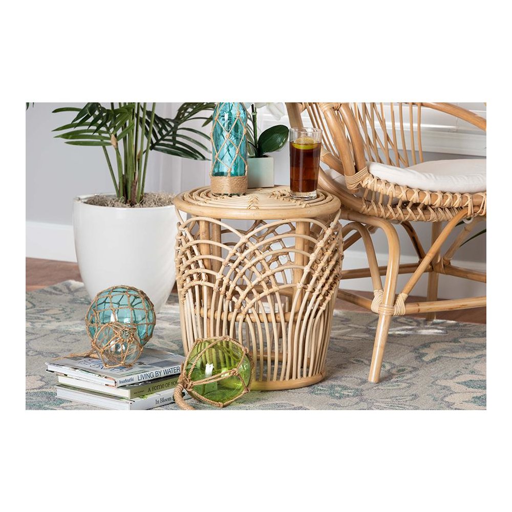 bali & pari Edena Modern Bohemian Natural Brown Finished Rattan End Table. Picture 13