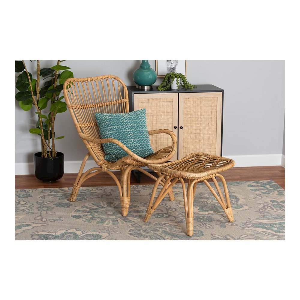 Earvin Modern Bohemian Natural Brown Rattan 2-Piece Armchair and Footstool Set. Picture 21