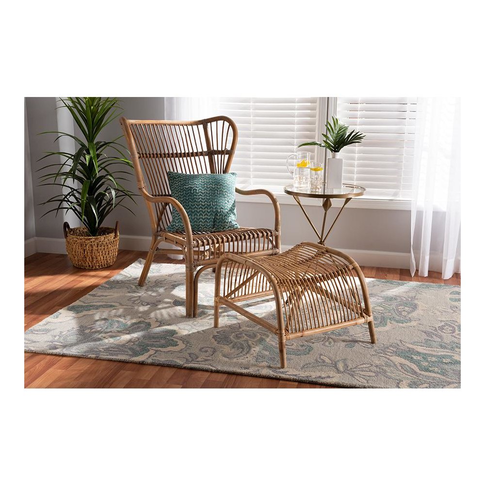 Bohmenian Natural Brown Antique Rattan 2-Piece Chair and Footstool Set. Picture 19