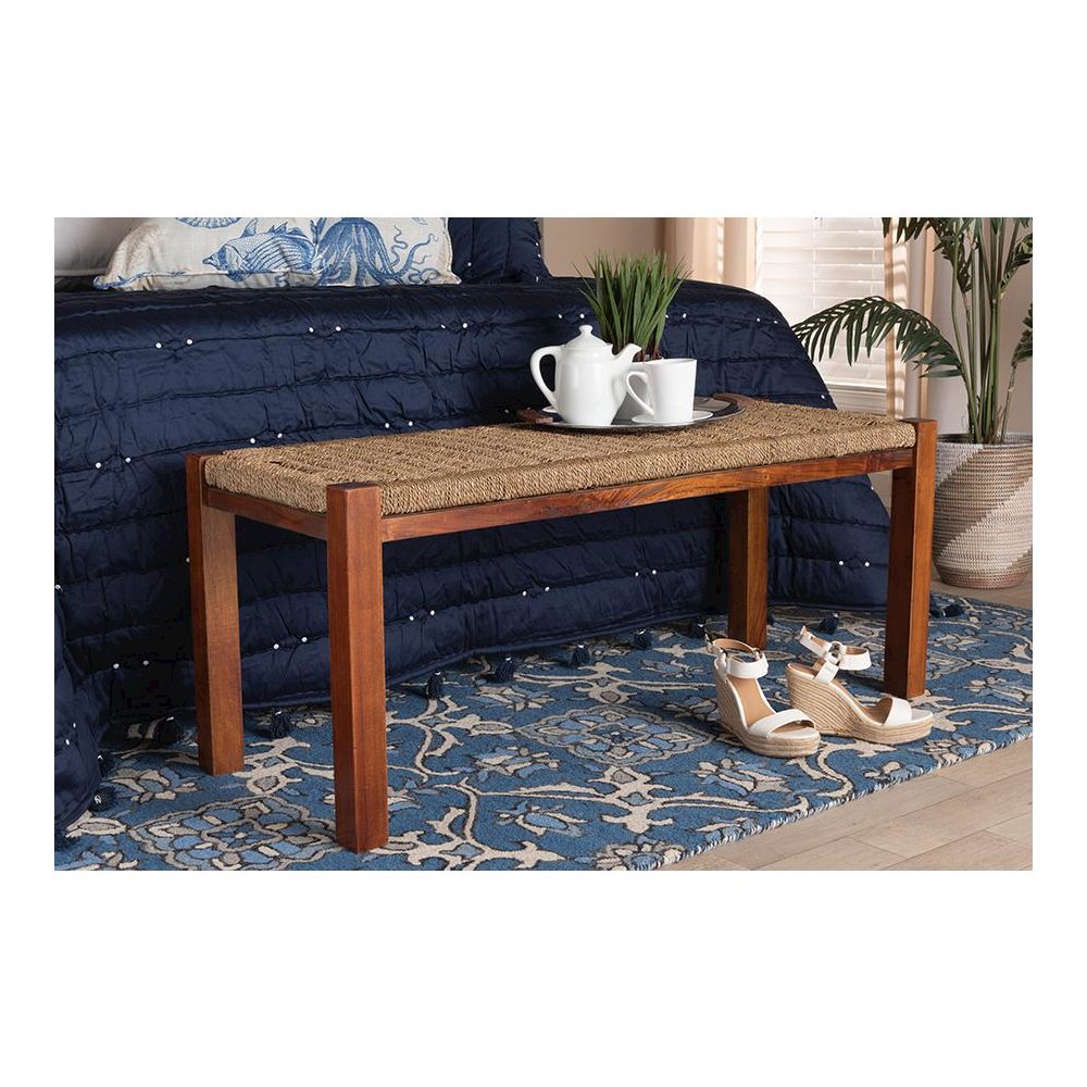 Transitional Natural Seagrass and Mahogany Wood Bench. Picture 17