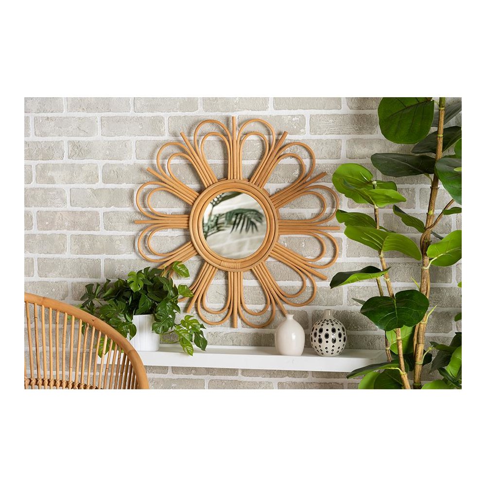 bali & pari Sakura Modern Bohemian Natural Brown Rattan Accent Wall Mirror. Picture 9
