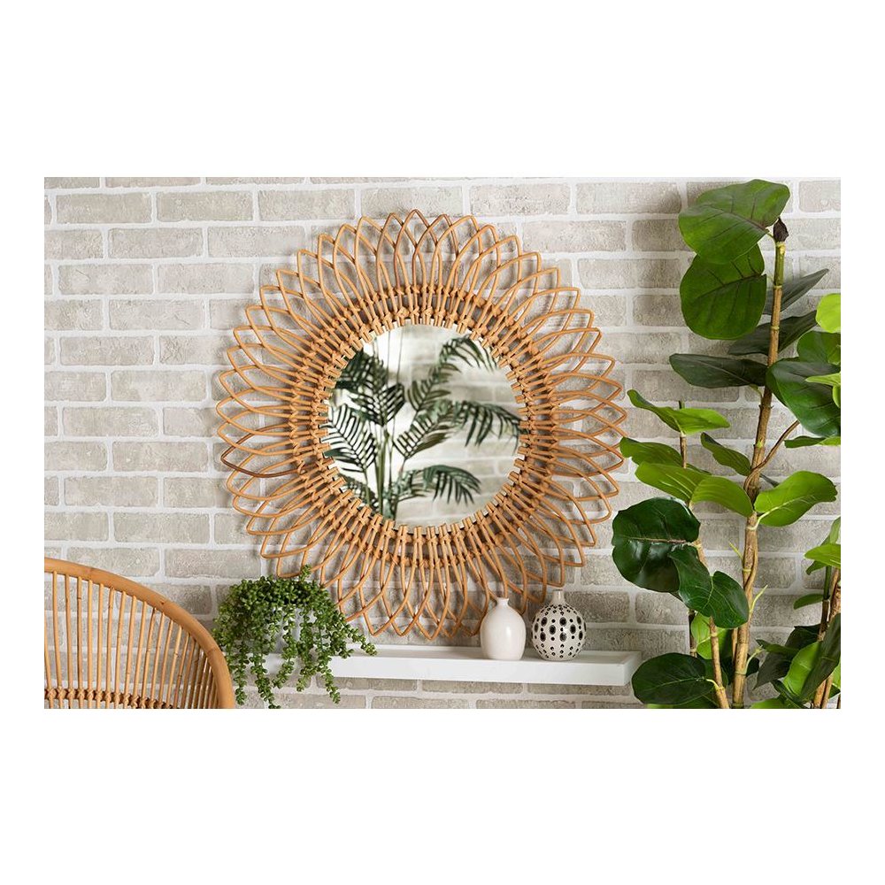 bali & pari Bora Modern Bohemian Natural Brown Rattan Accent Wall Mirror. Picture 9