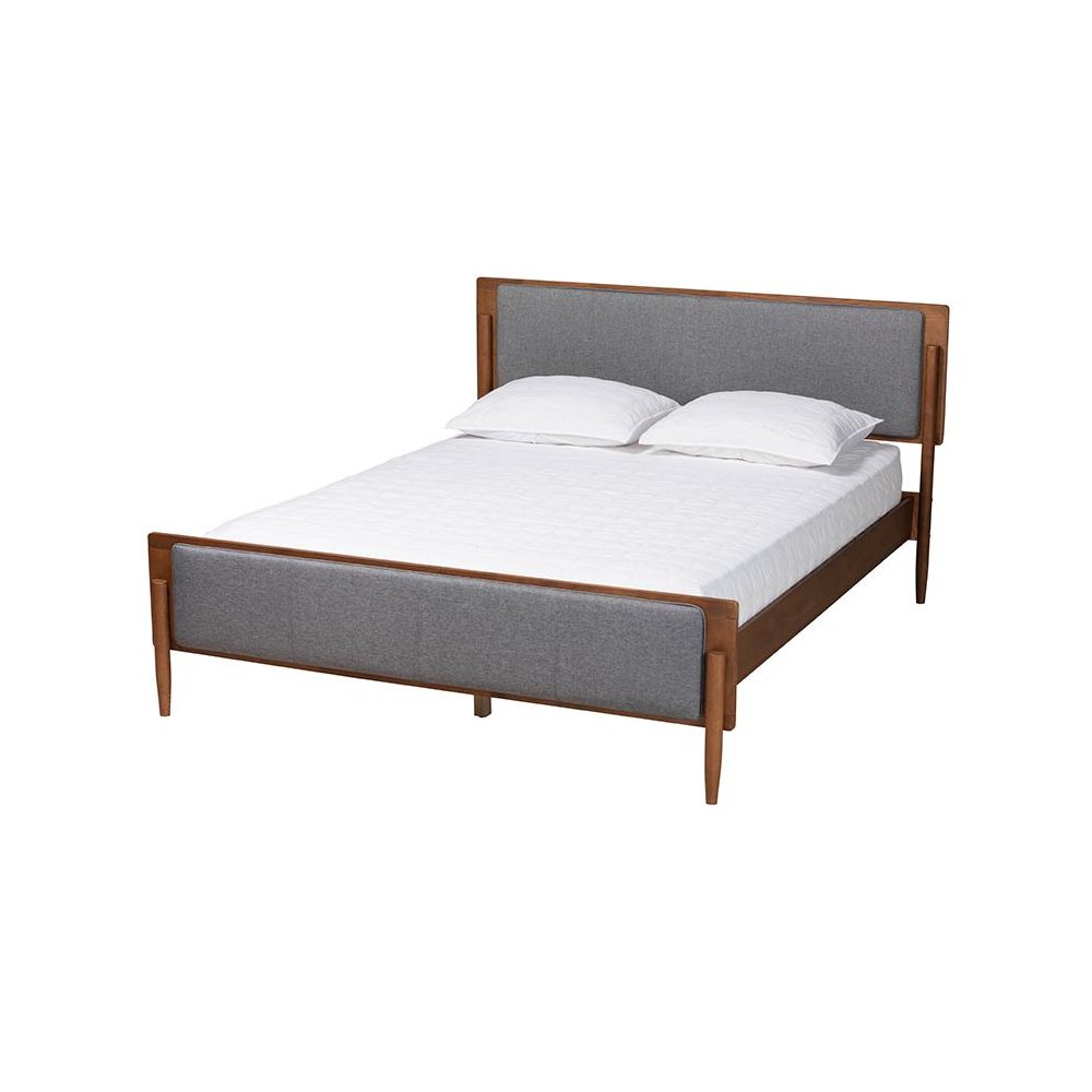Grey Fabric and Ash Walnut Finished Wood King Size Platform Bed. Picture 1