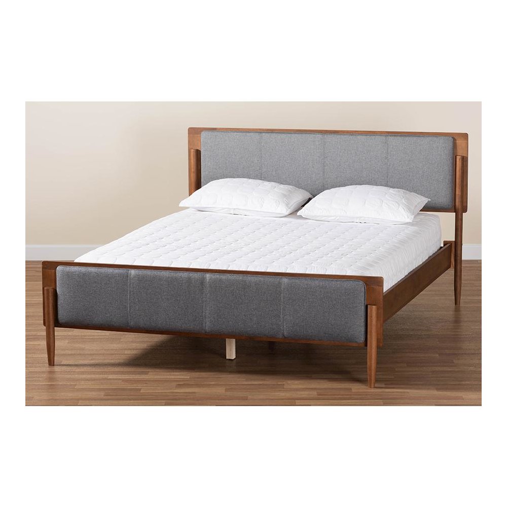 Grey Fabric and Ash Walnut Finished Wood King Size Platform Bed. Picture 8