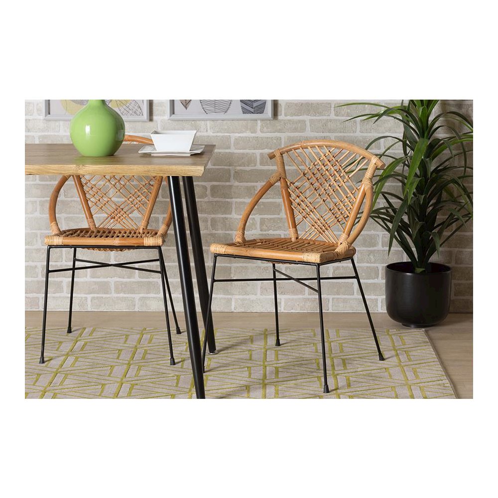 Bohemian Natural Brown Rattan and Black Metal 2-Piece Dining Chair Set. Picture 19