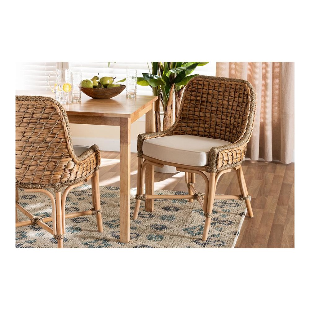 Bohemian Natural Brown Woven Rattan Dining Side Chair With Cushion. Picture 21