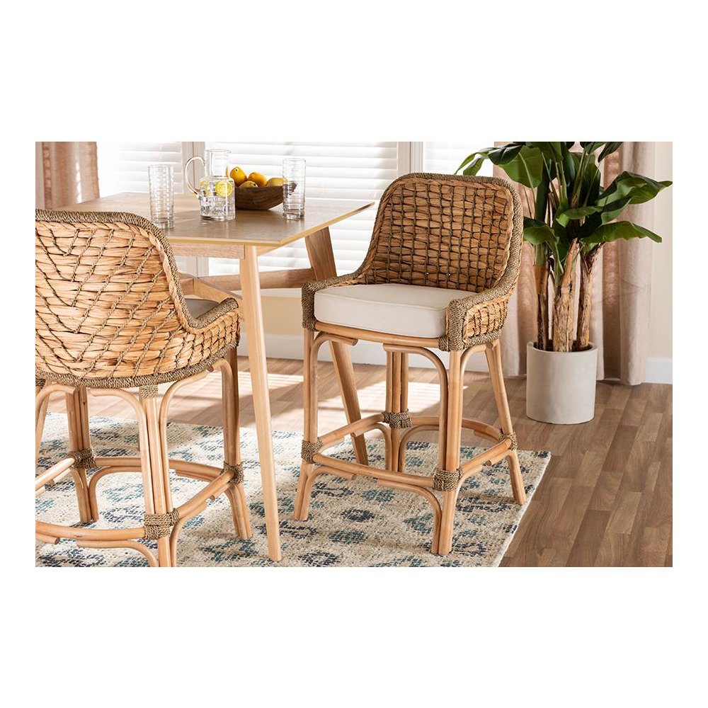Bohemian Natural Brown Woven Rattan Counter Stool with Cushion. Picture 21