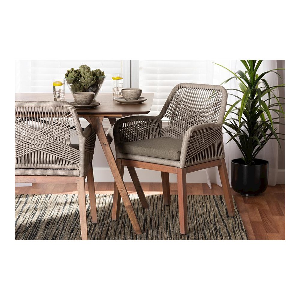 ennifer Mid-Century Transitional Grey Woven Rope Mahogany Dining Arm Chair. Picture 23