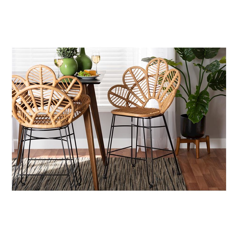 Bohemian Natural Brown Rattan and Black Metal Counter Stool. Picture 21