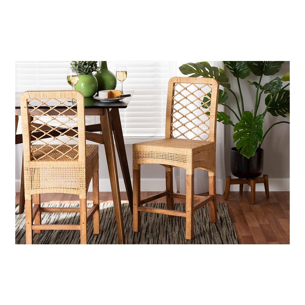 Bohemian Natural Brown Rattan and Walnut Brown Mahogany Wood Counter Stool. Picture 21