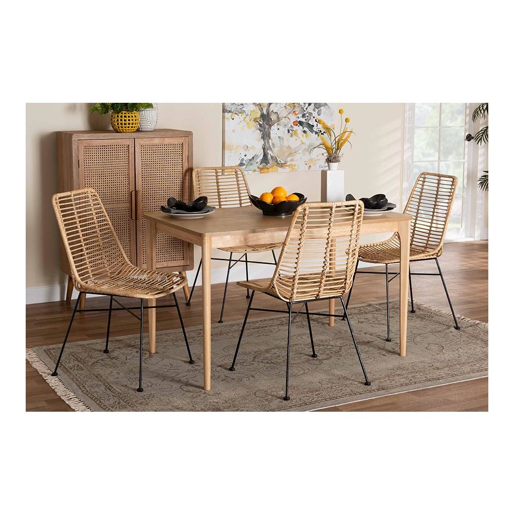 Bohemian Rattan and Natural Oak Finished Wood 5-Piece Dining Set. Picture 21