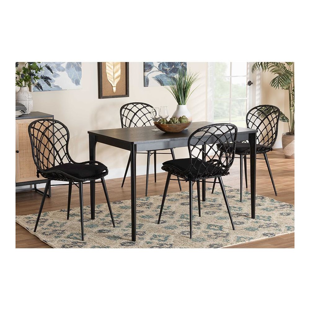 Sabelle Modern Bohemian Black Finished Wood and Rattan 5-Piece Dining Set. Picture 21