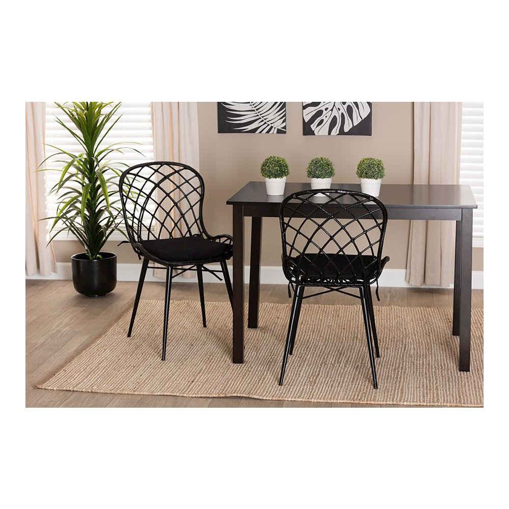 Bohemian Black Finished Rattan and Metal 2-Piece Dining Chair Set. Picture 19