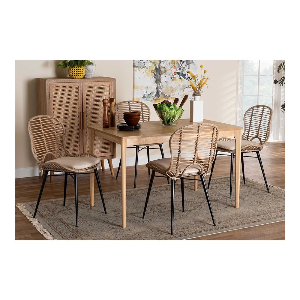 Bohemian Greywashed Rattan and Natural Brown Finished Wood 5-Piece Dining Set. Picture 21