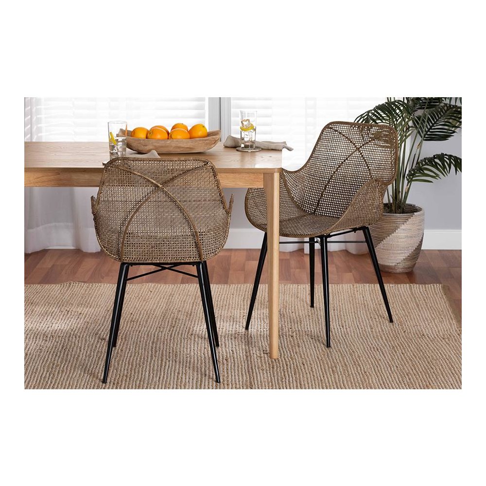 Bohemian Greywashed Rattan and Black Metal 2-Piece Dining Chair Set. Picture 19