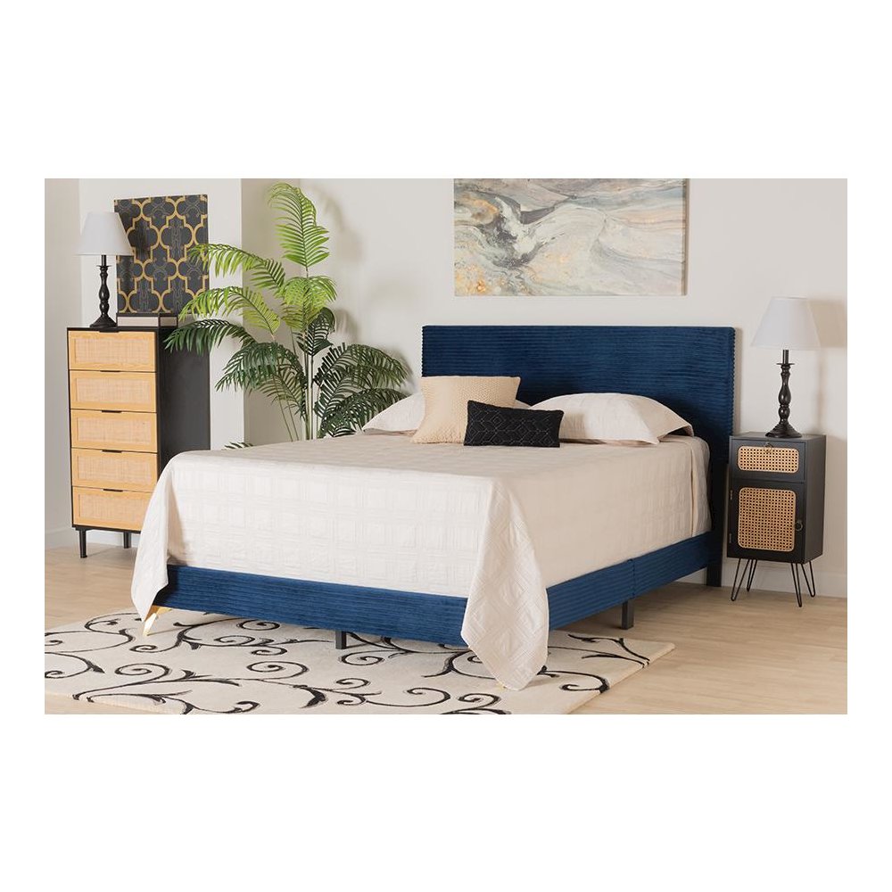 Navy Blue Velvet and Gold Metal Queen Size Panel Bed. Picture 19