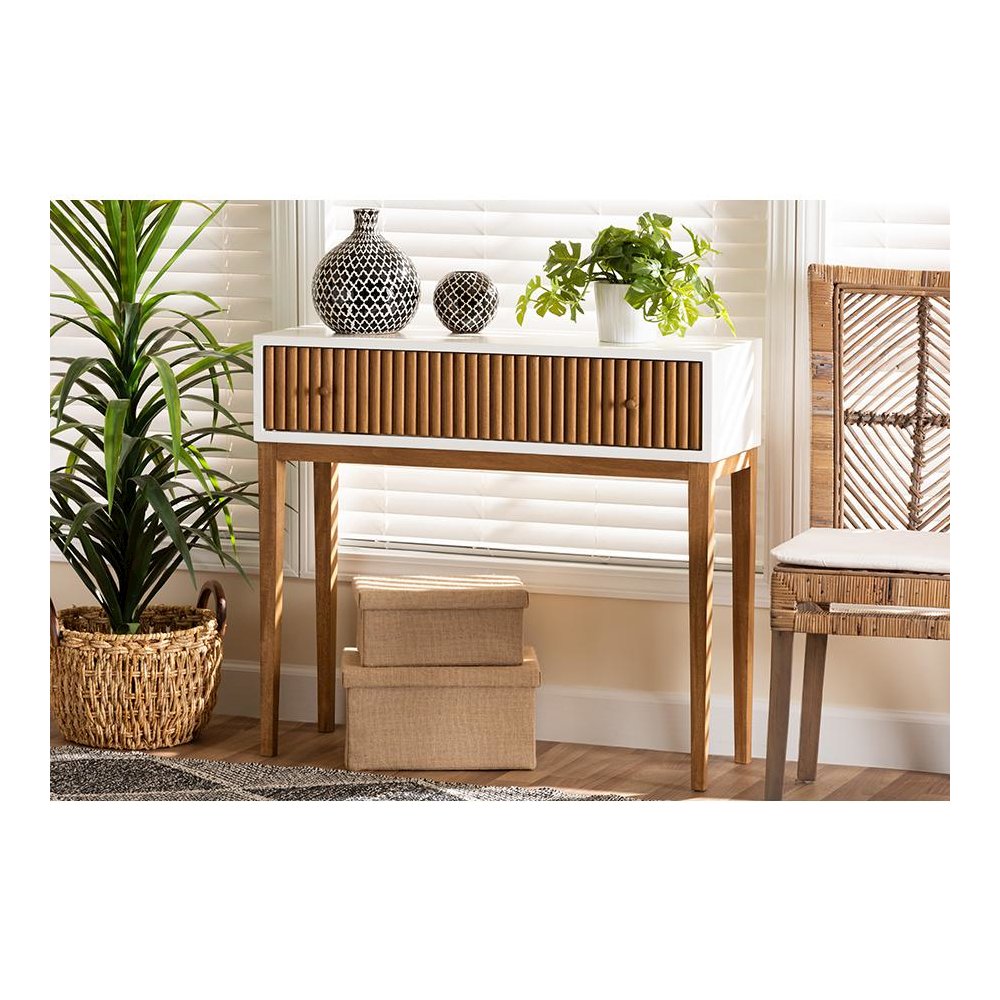 Two-Tone Natural Brown and White Bayur Wood 1-Drawer Console Table. Picture 21