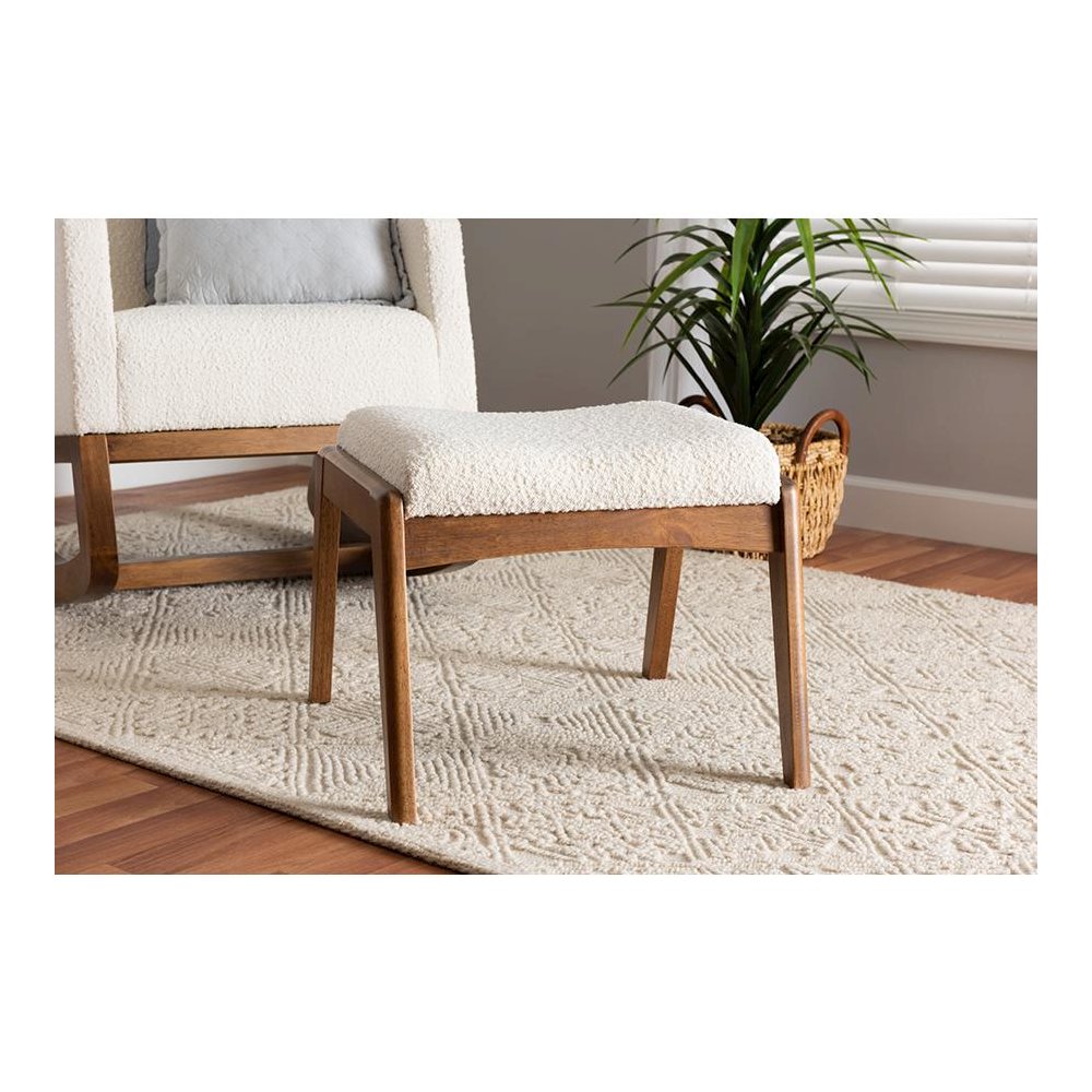 Off-White Boucle Upholstered and Walnut Brown Finished Wood Ottoman Footstool. Picture 17