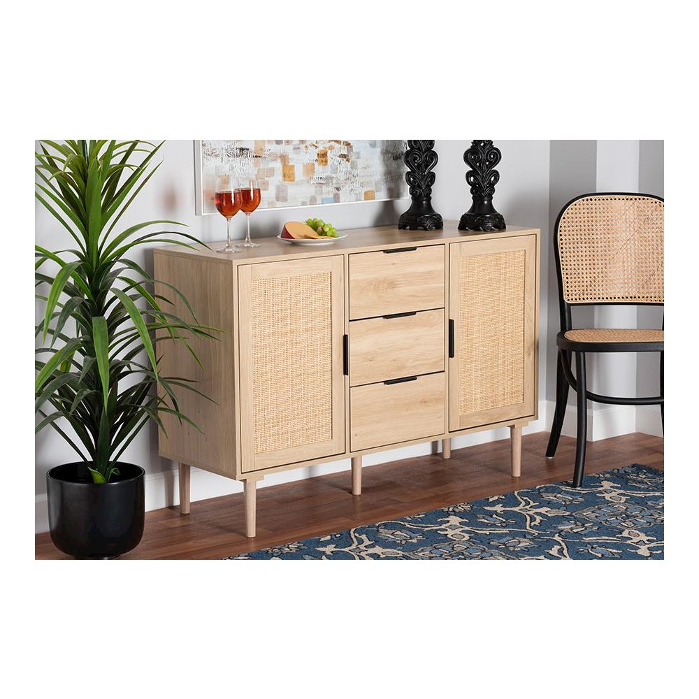 Natural Brown Finished Wood and Natural Rattan 3-Drawer Sideboard. Picture 21